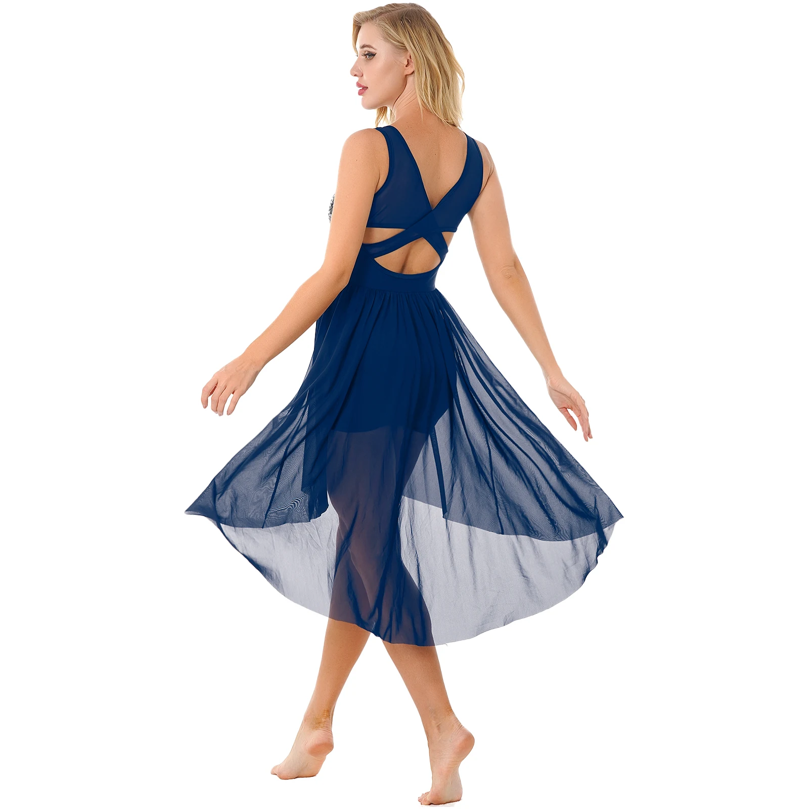 

Women Sparkling Sequined Leotard Dance Dress Sheer Mesh Crisscross Back Cutout Asymmetrical Hem Dance Dresses