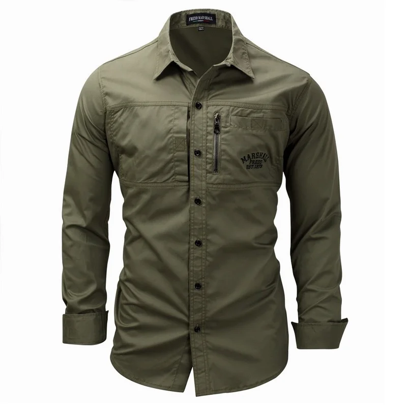 

Fashion Mens Shirts 2021 Casual Slim Fit 100% Cotton Koszula Long Sleeves Military Men Zip Shirt Camisa Masculina Para Hombre