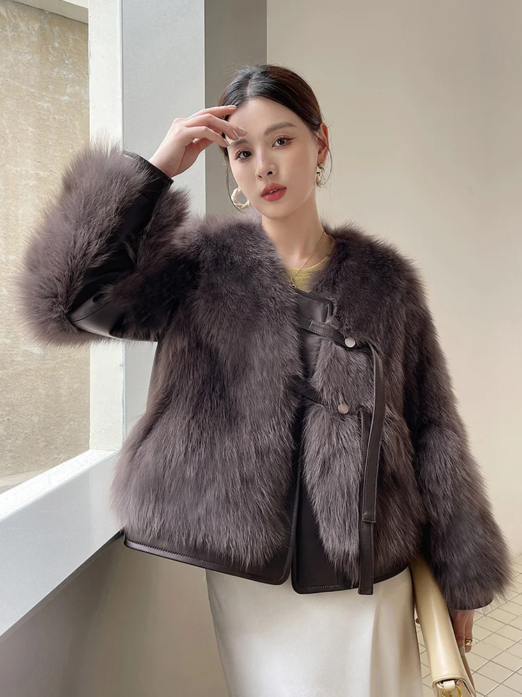New Women Real Fur Jacket Autumn Winter Fashion Young Style Fox Fur Splicing Sheepskin Double-faced Fur Coat Goose Down Liner