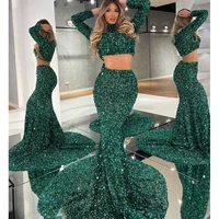 green mermaid high neck sweep train long sleeve evening dresses elegant prom gowns 2022 two pieces