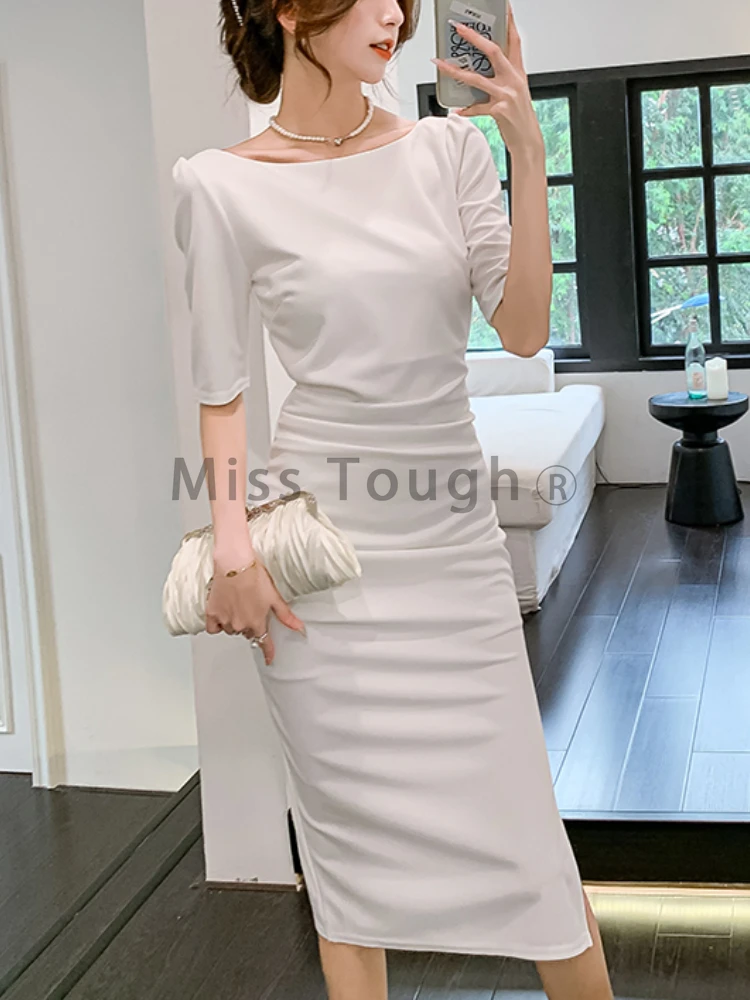 

Summer White Office Style Elegant Dress Women Black France Vintage Party Midi Dress Sexy Backless Split One-piece Dress 2022 New