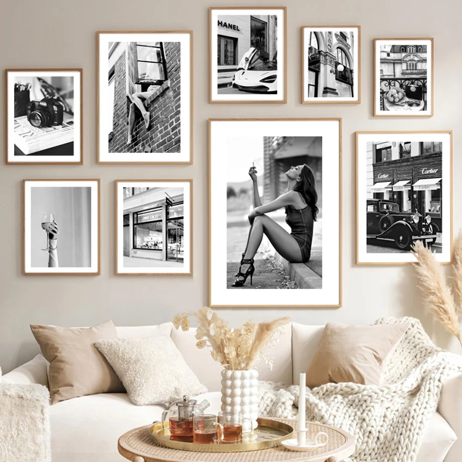 

Luxury Fashion Woman Camera Car Black White Wall Art Canvas Painting Nordic Posters And Prints Wall Pictures Living Room Decor
