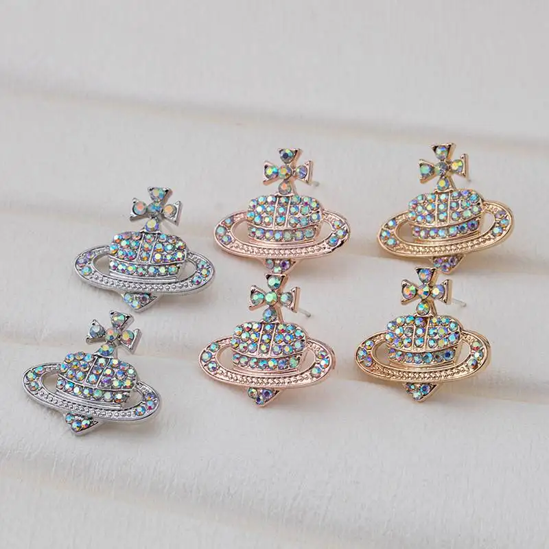 

Saturn Crystal Heart Planet Orb Stud Jewellery Earrings Silver Gold Colour