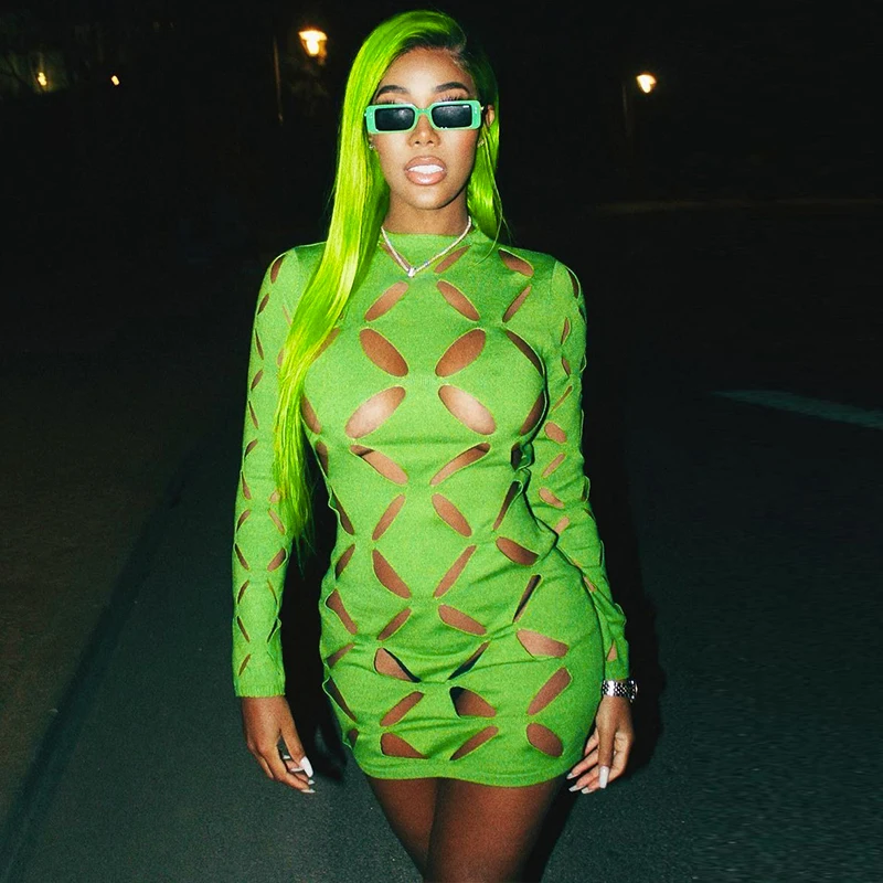 

Sexy Cut Out Mini Dress O-Neck Long Sleeve Bodycon Dresses Y2K Streetwear Women Fashion Party Night Club Outfits