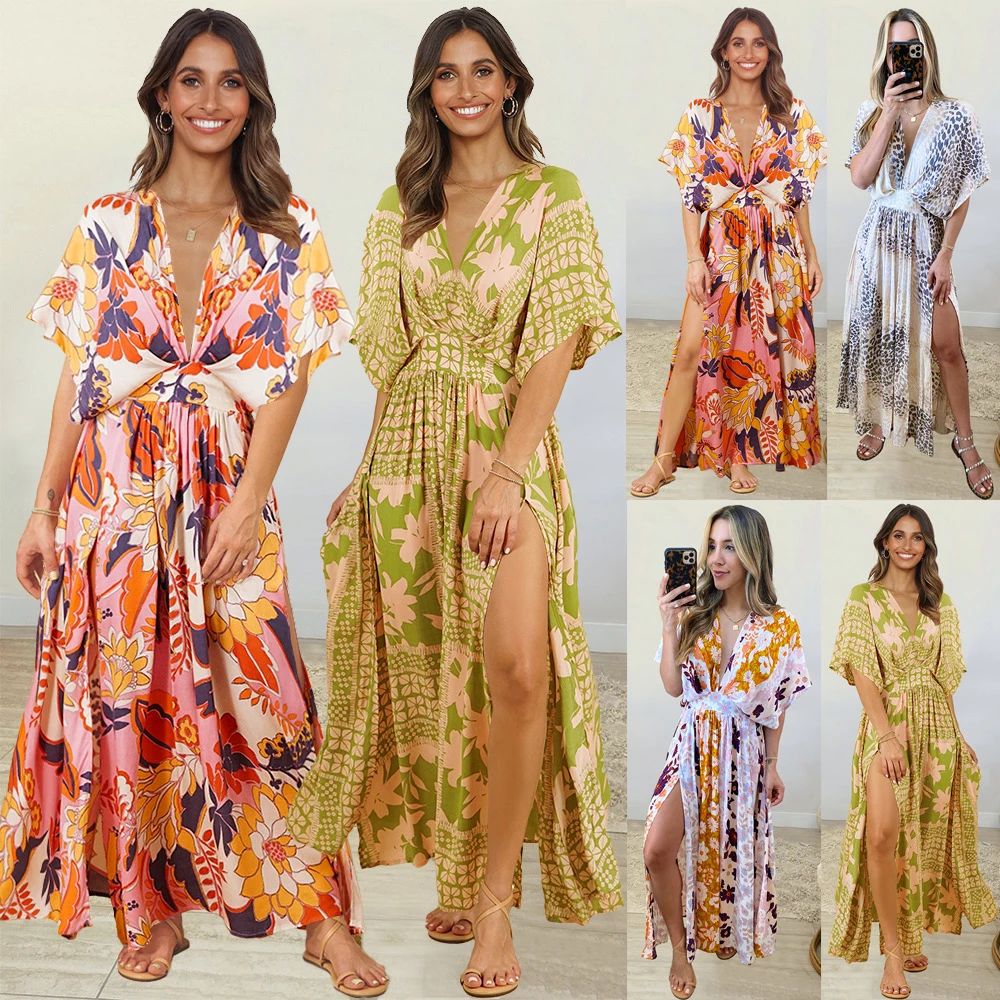 

Casual Sexy Split Flora Bohemian Dress Ladies 2022 Cheap Summer Clothes Long African Women's Dress Beach Outfits Wholesale Items