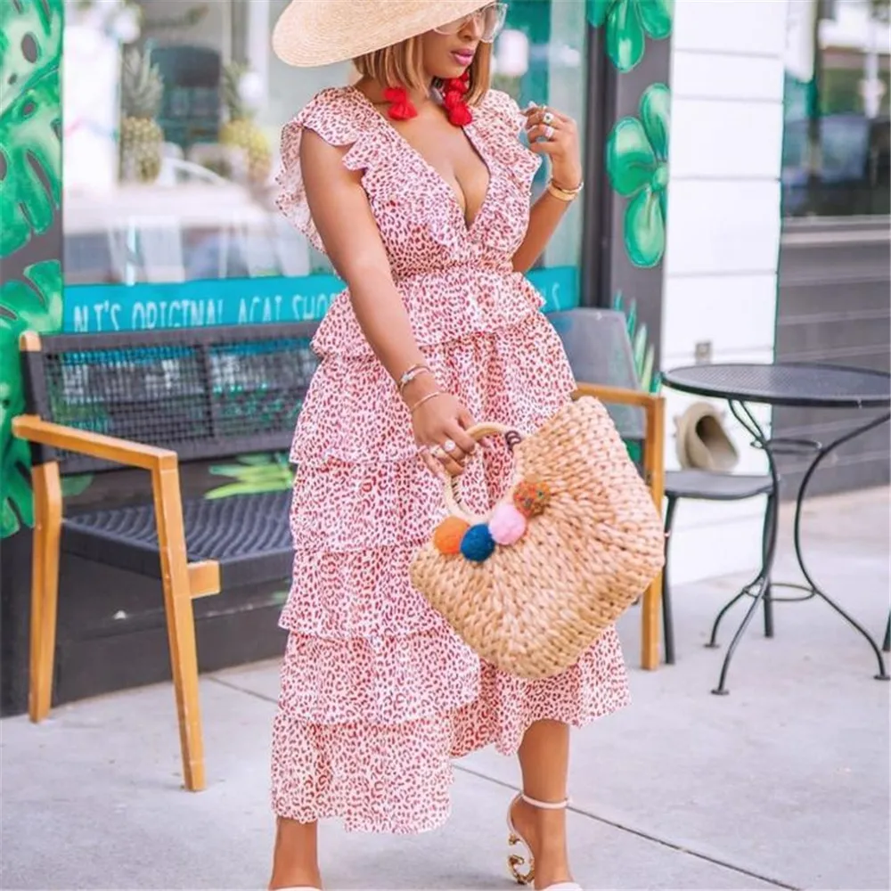 

2022 Summer Women Dress Casual Non-sleeve V-neck Dot Printing Pleated Patchwork Slim Pullover Mid Waist Ladies Tank Dress