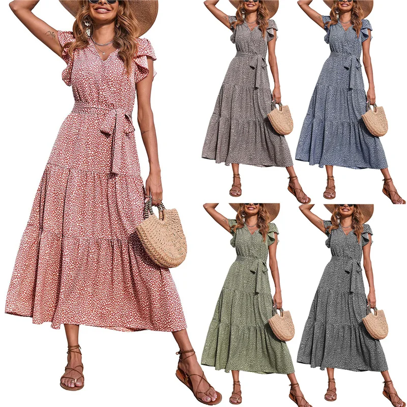 

Women Casual Ruffle Sleeveless Dress Fashion Floral V-neck Bandage High Waist Boho Long Dress for Beach Holiday, S/M/L/XL/XXL