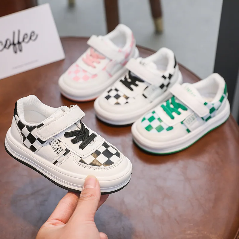 

2022 Nice Spring Checkered Pattern Toddler Casual Shoes Boys Girls PU Leather Low-top Breathable Platform Childaren Sneakers