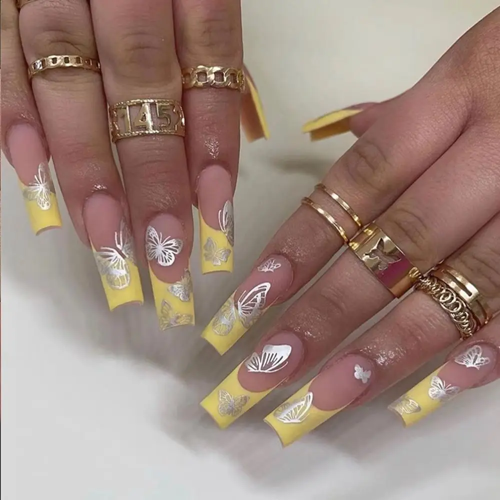

Nails Artificial Manicure Tool Full Cover French Fake Nails Butterfly Rhinestone Coffin False Nails Wearable Nail Tips