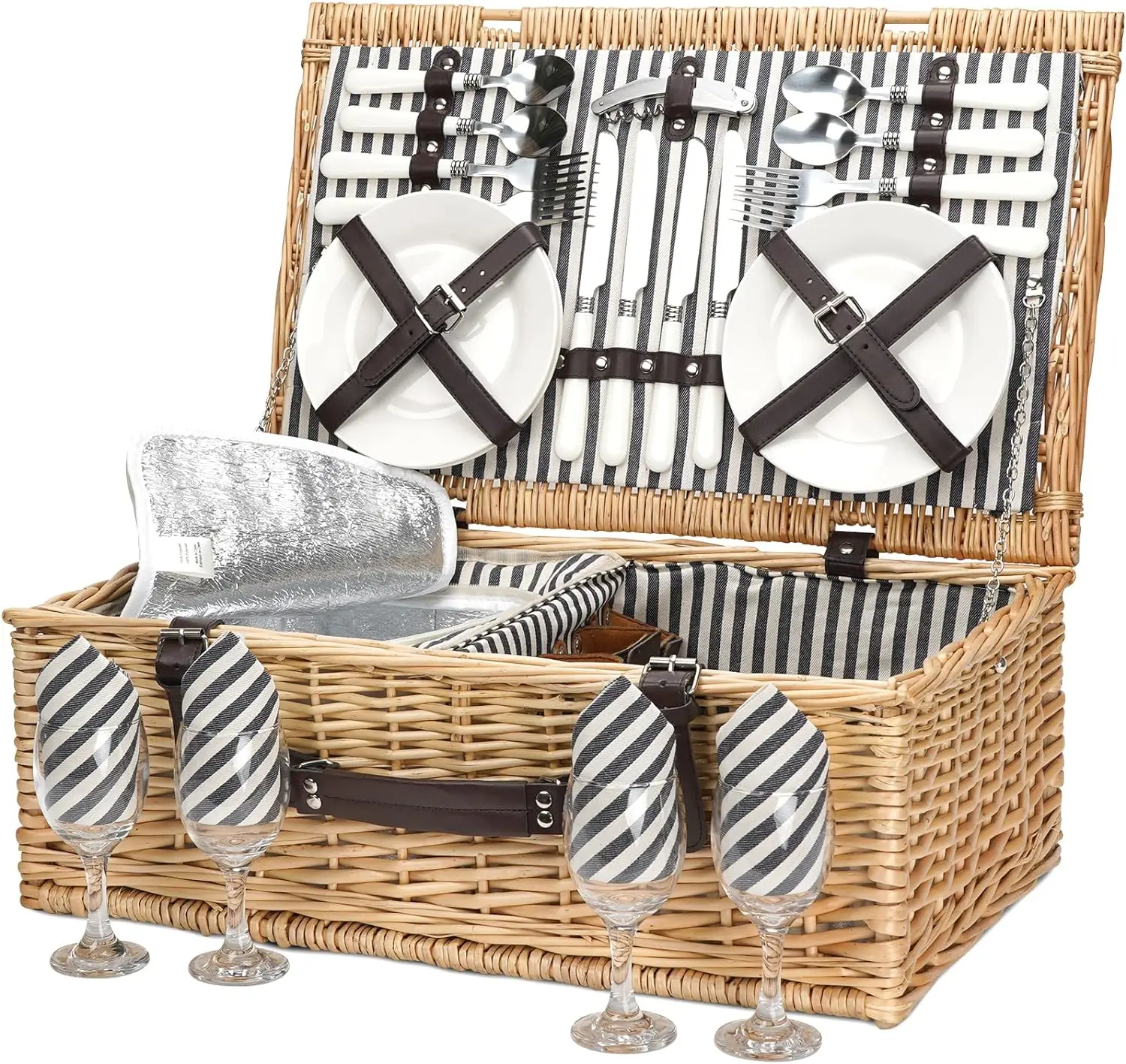 

Picnic Basket for 4 Persons with Insulated Cooler Bag, Wicker Picnic Hamper Set with Utensils Cutlery - Perfect for Picnicking,