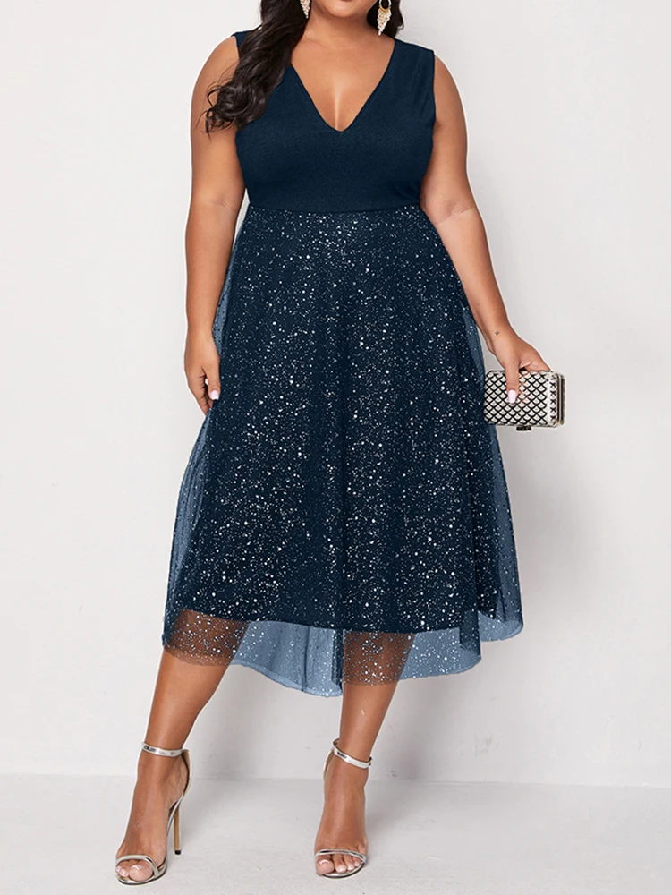 

Plus Size Dresses for Women 2022 Elegant Chic A-Line Mesh Casual Midi Dress V Neck Sleeveless Christmas Evening Party Dress
