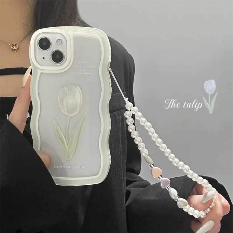 

Fashion Simplicity Wave Frame Tulips Mobile Phone Case For IPhone7 8 11 12 13 14 Pro Max Plus SE X XS XR INS Style With Lanyard