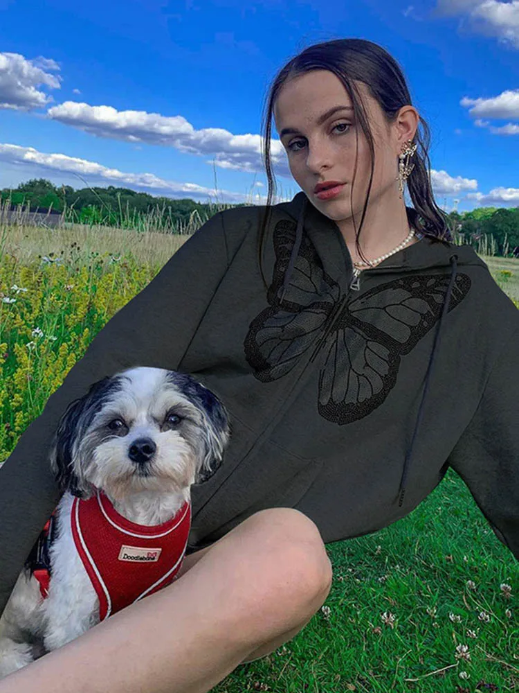 Модные женские худи с рисунком бабочки на молнии уличная одежда в стиле E-girl 90-х
