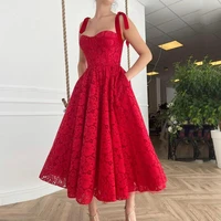 hot sale sweetheart short red homecoming gowns lace appliques dresses backless wedding party gowns with tea lenght tulle bow