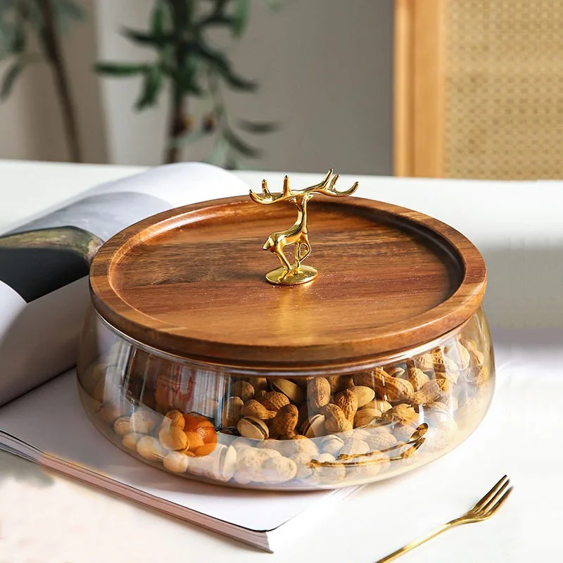 

Wooden Trays Glass Bowl Nuts Fruits Food Container For Cereals Jar Double Layer Candy Jars With Wooden Lid Home Kitchen Storage
