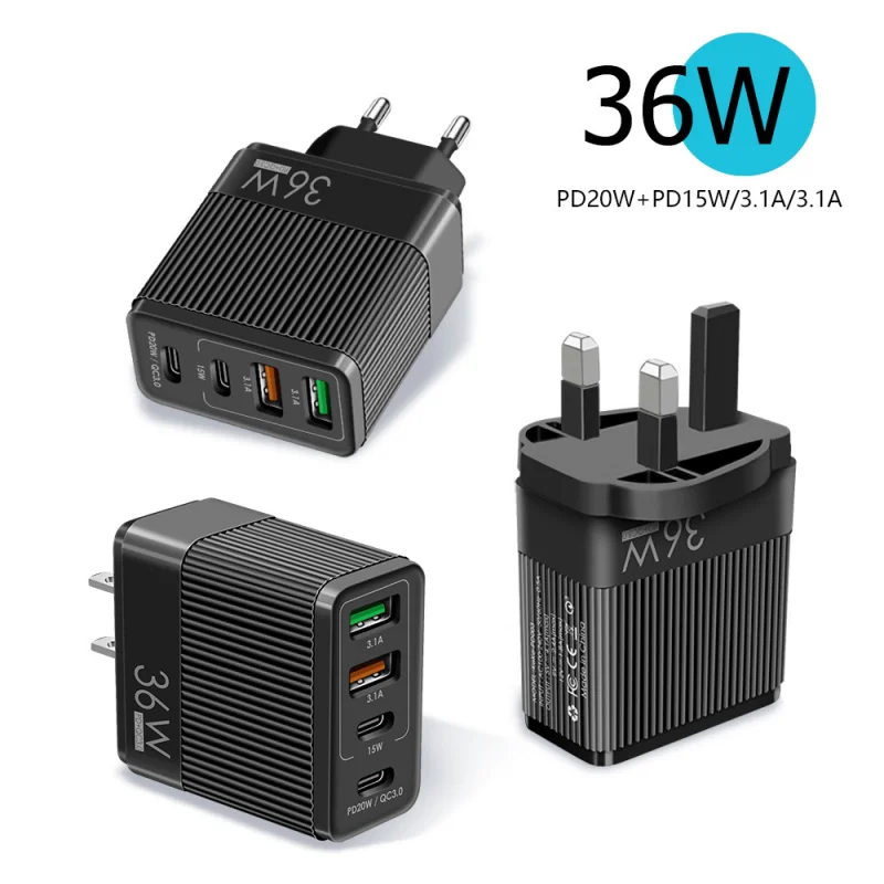 36W Fast Charging Mobile Phone Charger 5V4A European and American British Regulations 2Pd+2Usb Multi-Port Adapter Charging Head