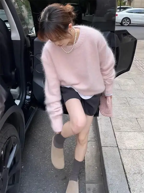 Розовый вязаный свитер из мохера Idle Sle High Sense 2024 осень и зима новый зимний