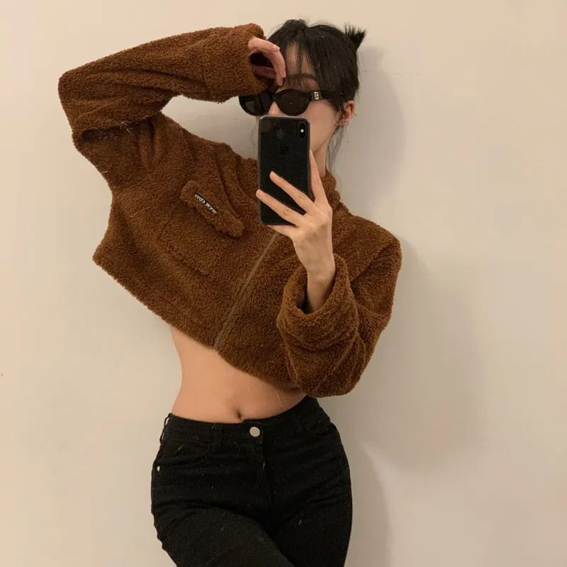 Fleece Teddy Fur Cropped Coat Female Autumn Winter Long Sleeve Fuzzy Sherpa Jacket Warm Brown Tweed Zipper Jakcets y2k Korean