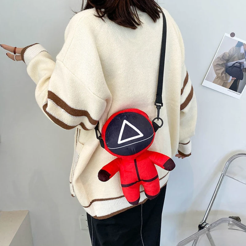

Squid Game Plush Stitching Funny Messenger Bag Small Satchel Red New Hip Hop Casual 2021 Winter Squid Game Doll Backpack