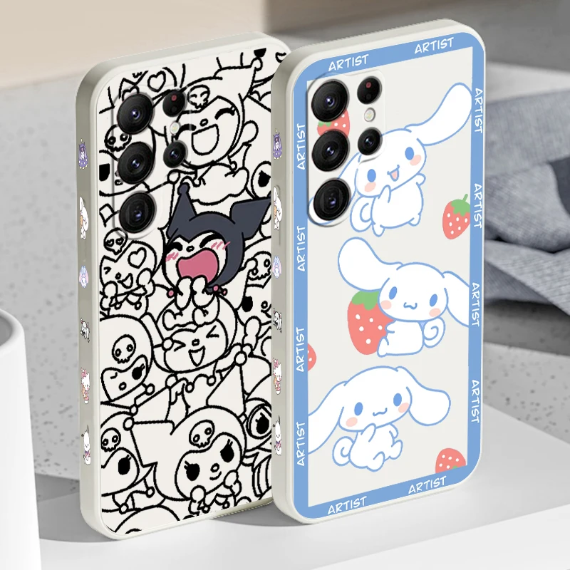 

Cute Hello Kitty Cinnamoroll Phone Case For Samsung Galaxy S23 S22 S21 S20 FE S10 Plus Lite Ultra 4G 5G Liquid Left Rope Cover