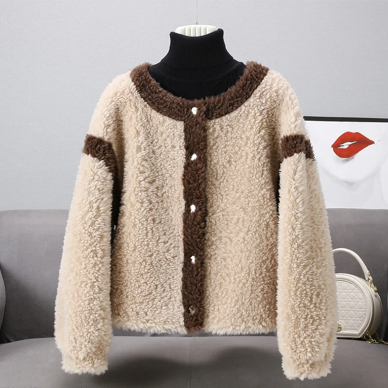 genuine Luxury brand 2023 New Single-breasted Real Coat Winter Jacket Women Natural Weave Wool Fur Thick Warm Loose O-neck Outer