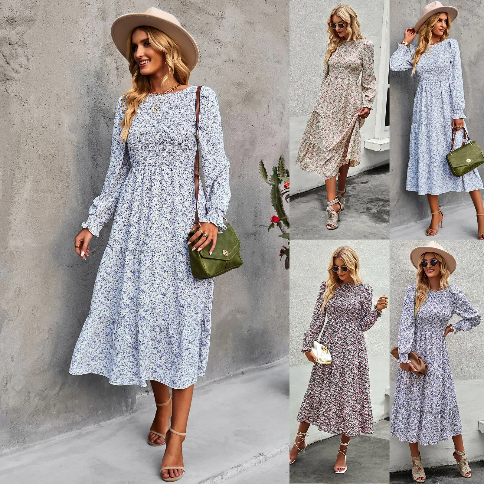 

Independent research and design of floral long skirt four seasons long sleeve leisure temperament holiday dress.
