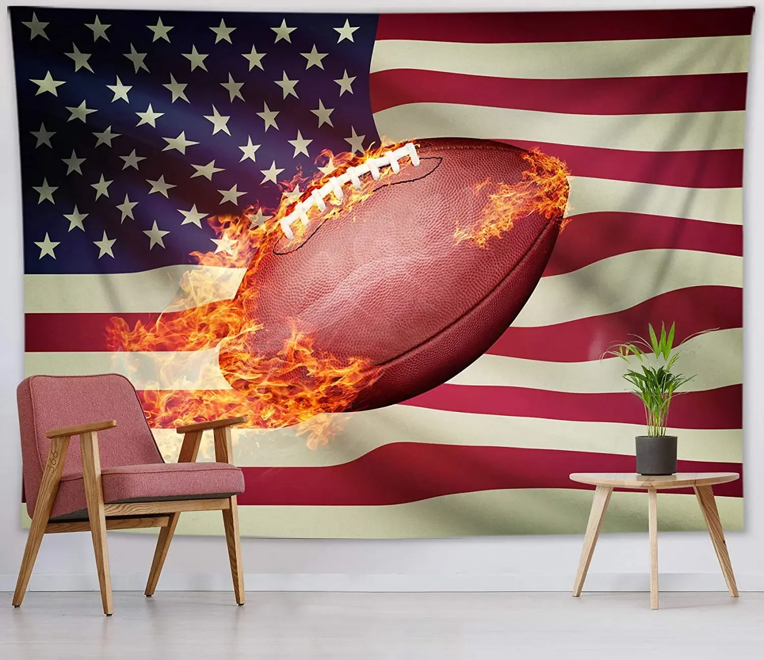 Американский флаг футбол настенный спортивный гобелен с пылающим футболом фон