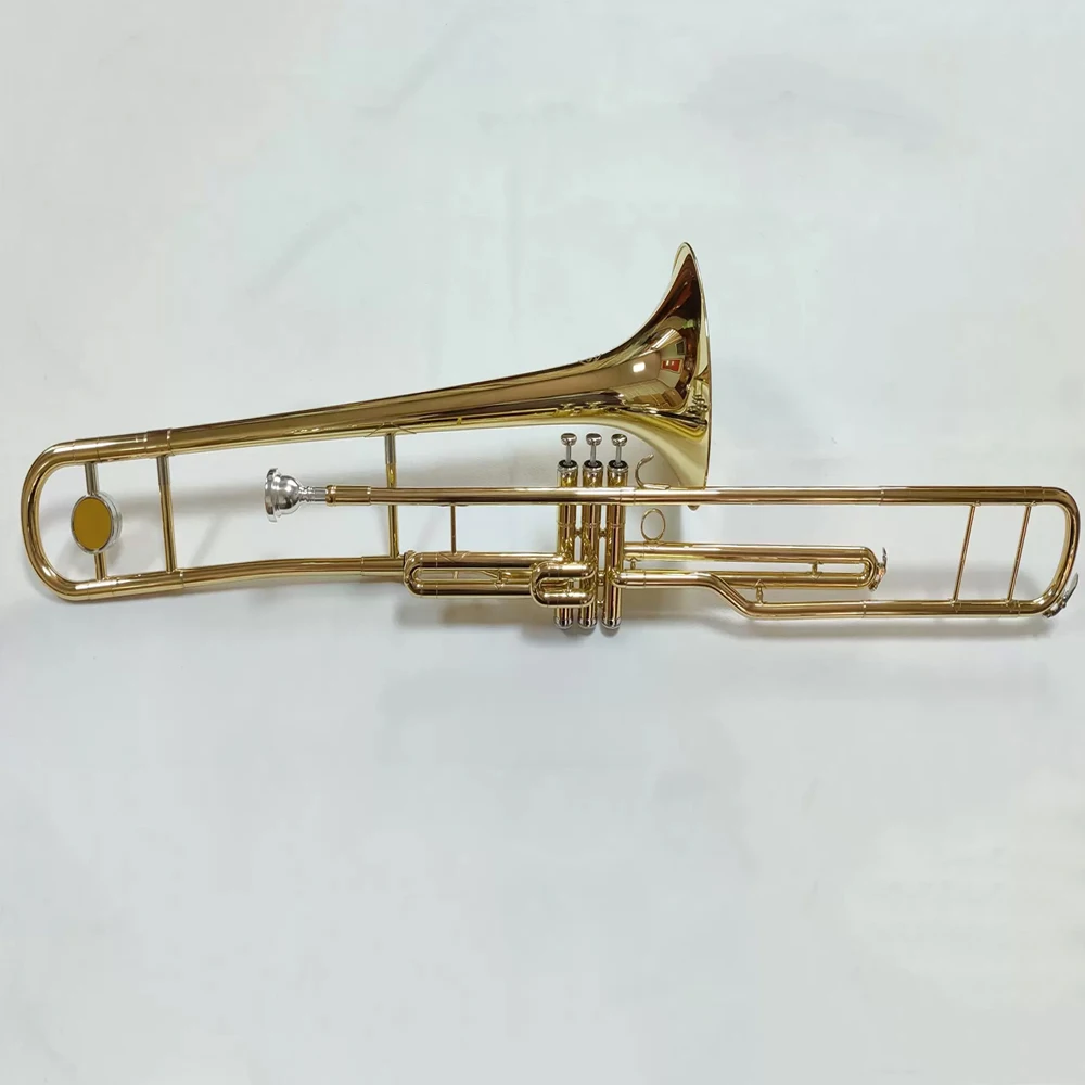 

Classic lacquered gold brass piston valve trombone B-flat high performance small professional jazz instrument with case