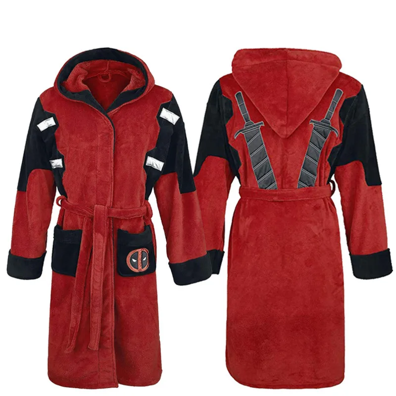 

Movie Deadpool Bathrobe Adult Unisex Winter Warm Flannel Hooded Pajamas Halloween Deadpool Cosplay Costume Sleepwear Robe