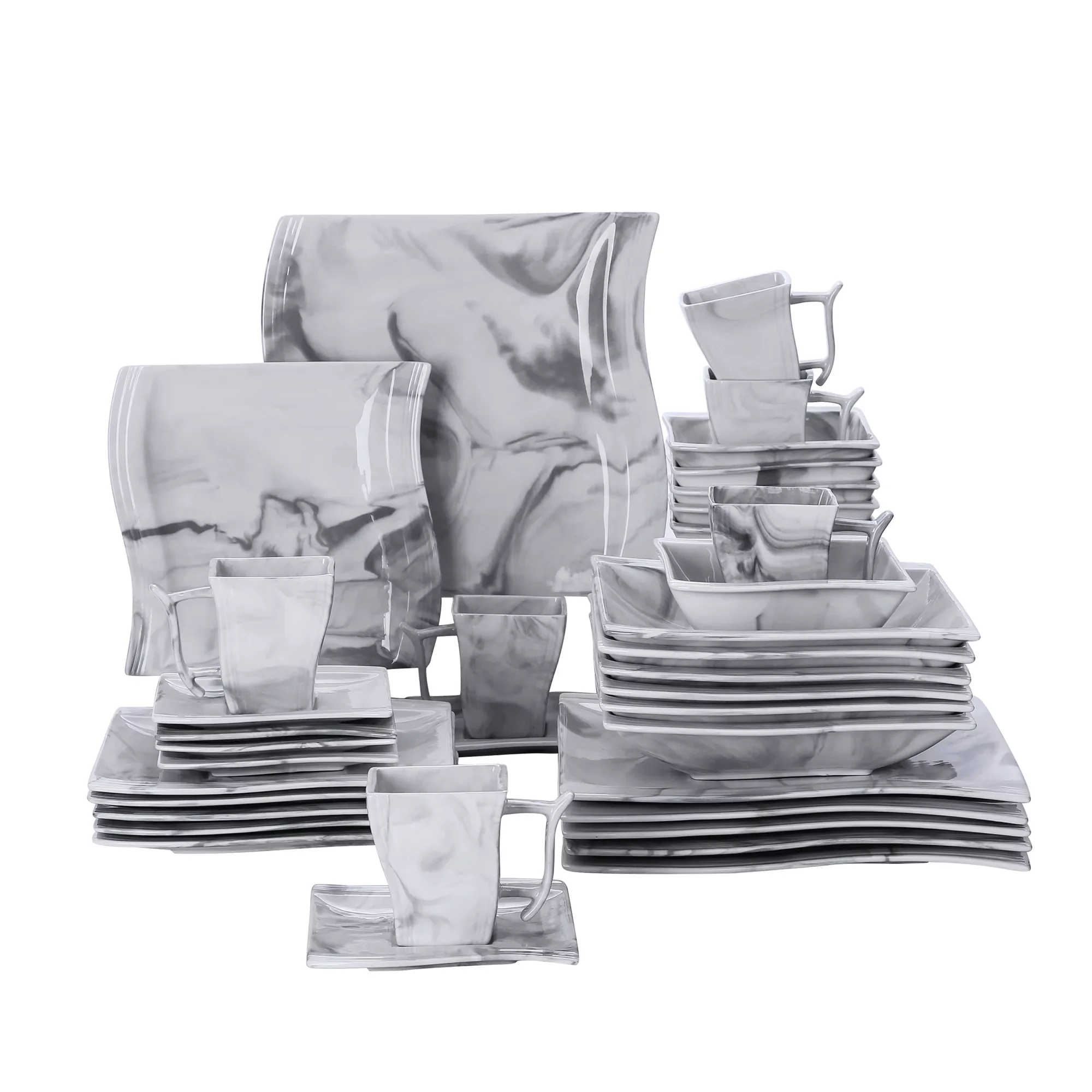 

36-Piece Marble Grey Porcelain Dinnerware Set with 6*Dinner&Dessert&Soup Plate Cups&Saucers Bowls Tableware Set