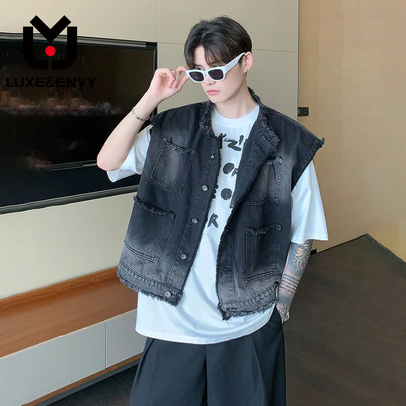

LUXE&ENVY New Niche Design Men's Casuale Burrs Denim Vest Distressed Shoulder Pad Sleeveless Tops Male Loose Summer Streetwear