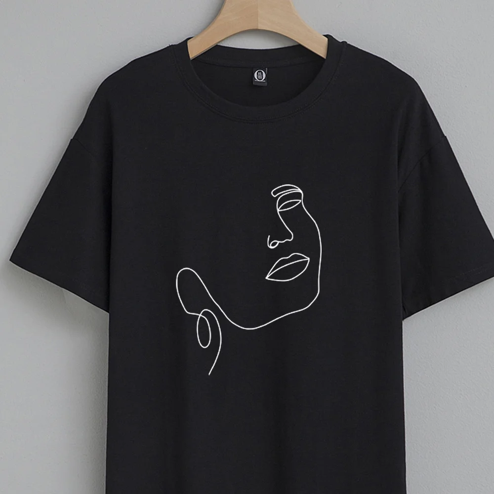 

Simple Line Art Face T Shirts for Women Tops Summer Loose Cotton 90s Aesthetic Casual T Shirt Vintage Harajuku Tshirt Streetwear