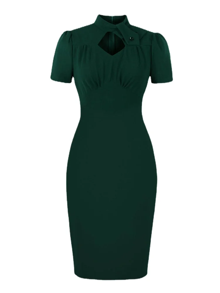 

Женское винтажное платье-карандаш до колена, зеленое облегающее платье с коротким рукавом и вырезами спереди, элегантное офисное платье дл...
