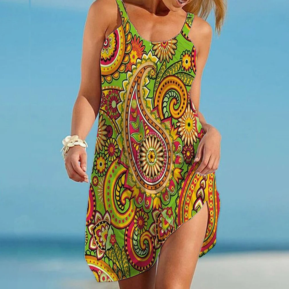 

Новинка 2022, летнее Свободное платье в стиле бохо, модное женское платье без рукавов с 3D принтом, пикантное свободное пляжное платье в стиле б...