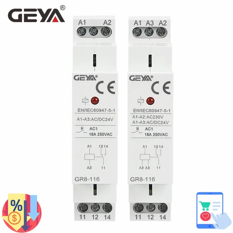 

GEYA GR8-116 Intermediate Relay Auxiliary Relay AC DC 12V 24V 48V 110V 230V Switch Relay 16A ROHS Approval