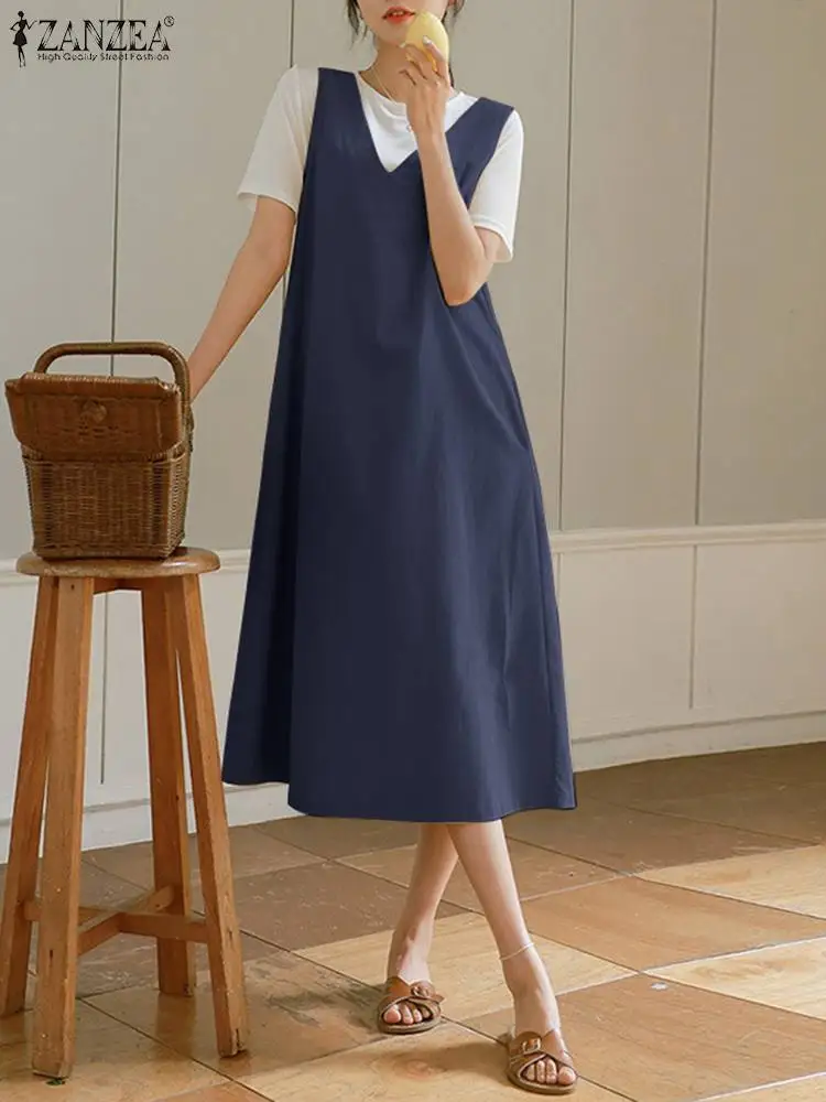 

Женское длинное платье ZANZEA без рукавов, вечерние платья с V-образным вырезом, повседневные свободные однотонные комбинезоны, платья-миди, мо...