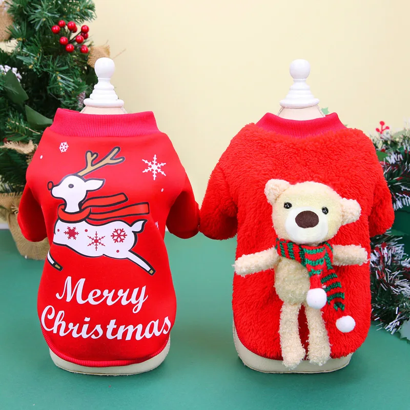 

Pet Christmas hoodie cat dog elk costume Kitten puppy warm coral fleece coat dog party clothes winter bear sweater Pet clothing