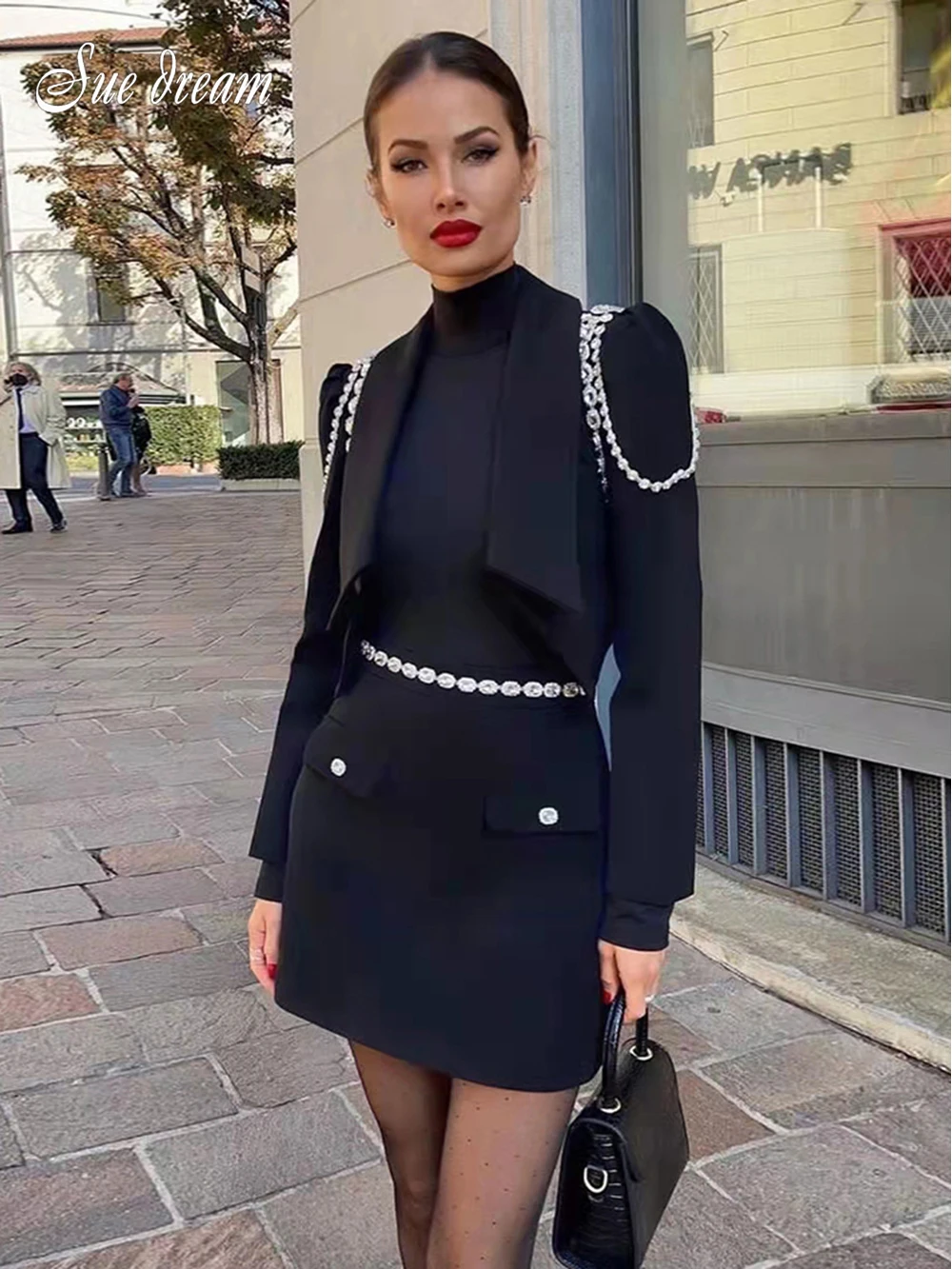 2021 Autumn And Winter New Long-Sleeved Slim Short Top Mini A-Line Skirt Hot Girl Suit Flashing Diamond Chain Short Suit Set