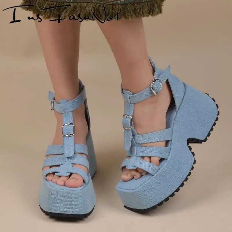 Женские джинсовые сандалии INSFASNNOI на высокой платформе