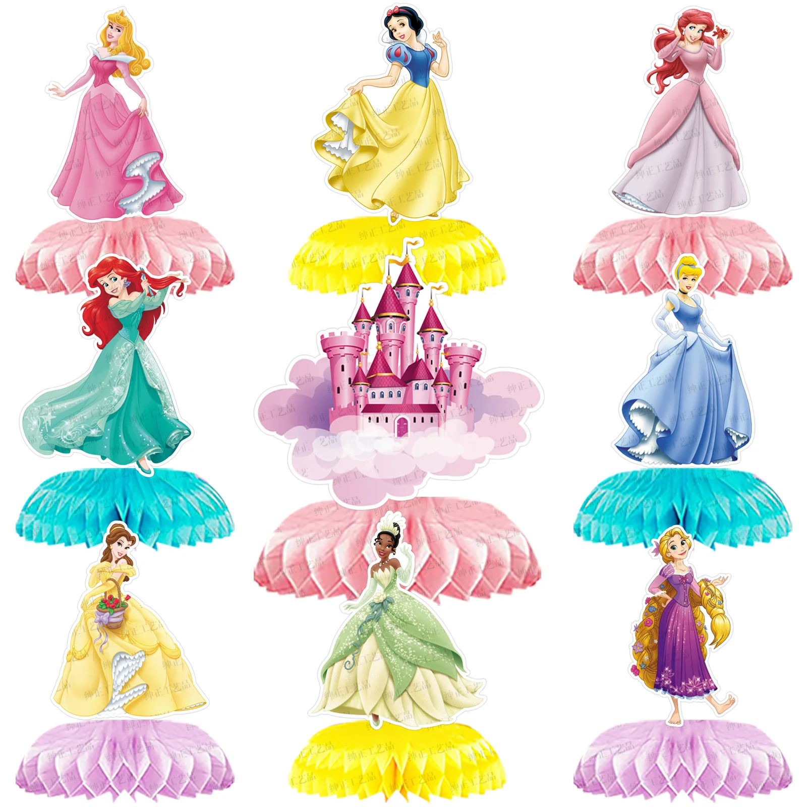 

9pcs Disney Princess Honeycomb Ball Desktop Decor Honeycomb Paper Fan Set Snow White Ariel Cinderella Birthday Party Supplies