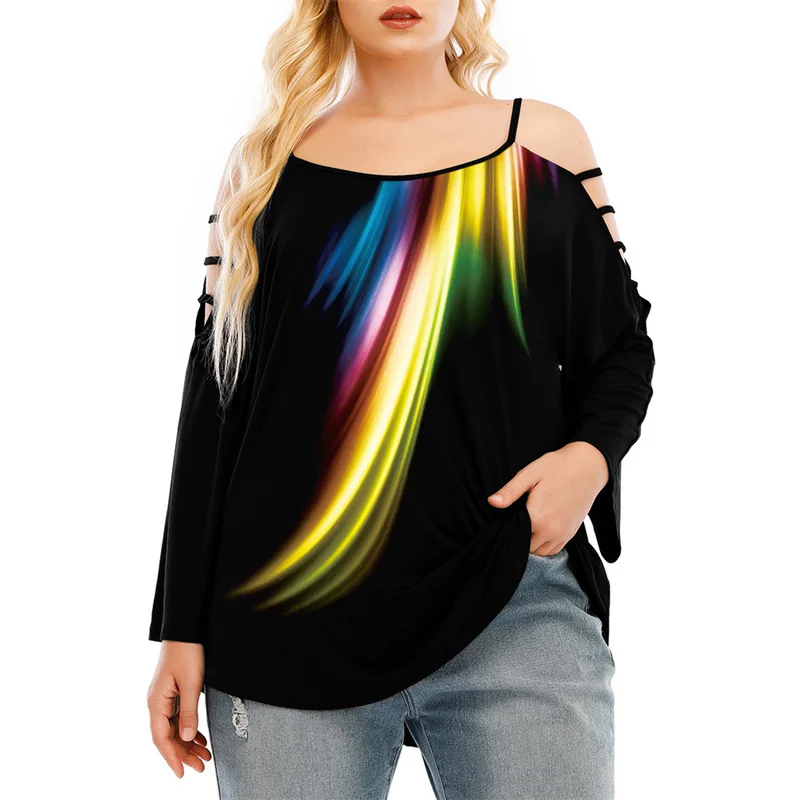 

Colorful Curvy Plus Size Ladder Cutout T Shirt Fashion Trend Big Sizes Womans Tops Long Sleeve Bulk Woman Clothing Wholesale
