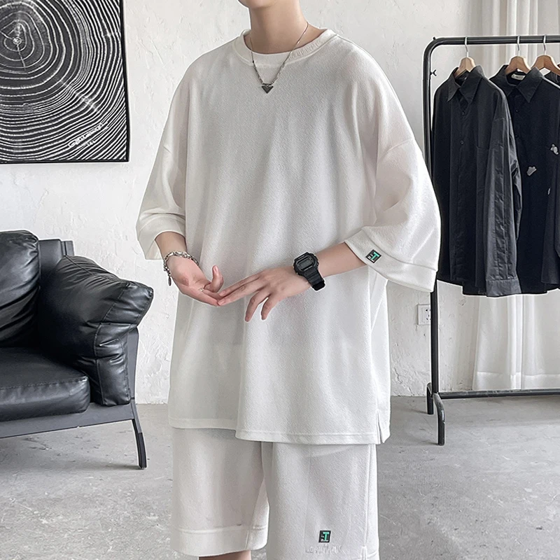 

Black/White Plus Size 5XL-M Summer Casual Men's Sets Simple All Match Loose Short Sleeve T-Shirts And Shorts For Men Clothing