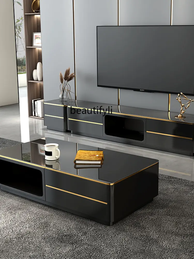 

lt Stone Plate TV Cabinet and Tea Table Combination Modern Simple Small Apartment Tempered Glass Affordable Luxury Style TV
