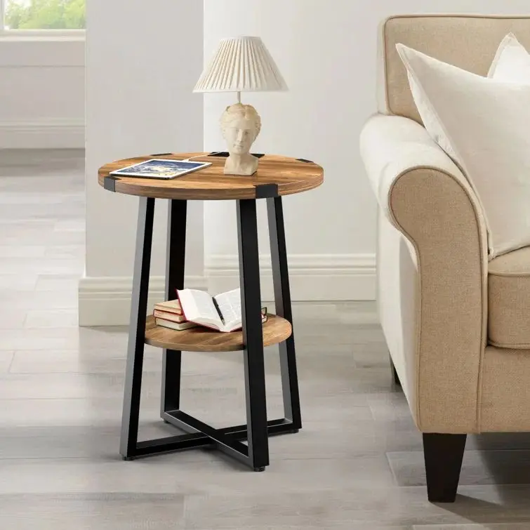 Приставной столик с деревянными полками 2-уровневый деревенский винтажный стол