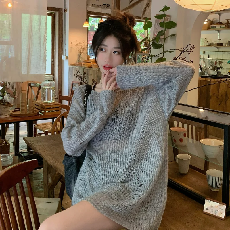 

Женский трикотажный пуловер с вырезами, свободный однотонный Повседневный пуловер с длинным рукавом и круглым вырезом, весна-лето