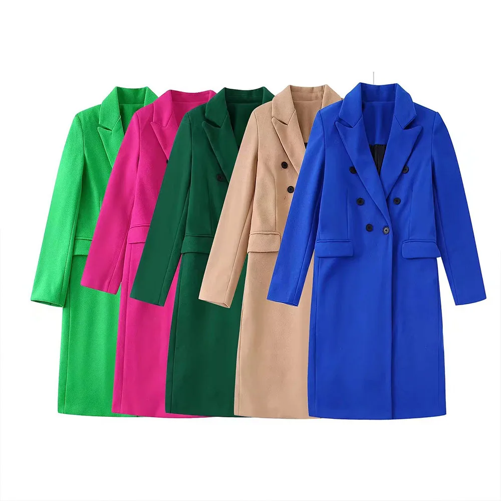 

Женское винтажное длинное пальто BER & OYS & ZA, однотонное двубортное пальто с карманами и воротником-костюмом, Осень-зима 2022