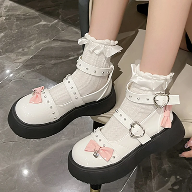 

Platform Mid Heels Women Round Toe Bow Lolita Sandals 2022 New Autumn Casual Buckle Shoes Mary Janes Women Dress Loafers Shoes