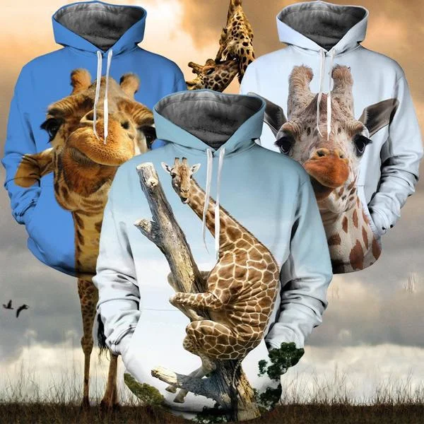 

Новые осенние модные толстовки с капюшоном для пары, милый забавный мужской пуловер с 3D-принтом жирафа и круглым вырезом