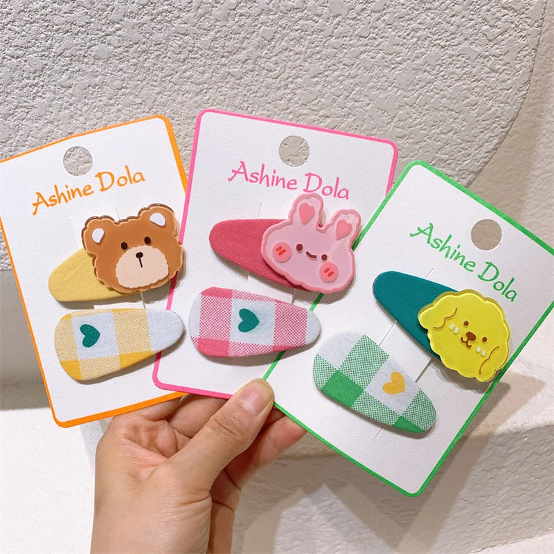 

2 Pcs New Korean Fashion Sweet Girl Baby Love Plaid Fabric Hairpins Children's Cute Cartoon Rabbit Dog BB Clip Hair Accessories