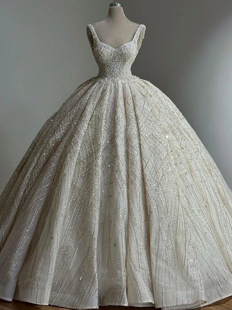 

Luxury Ball Gown Wedding Dresses V Neck Sleeveless Strap Appliques Sequins Beads Diamonds Ruffles Prom Gowns Custom Made Lace-up
